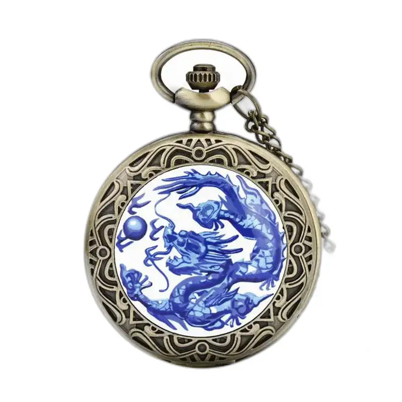 Vintage Blue Dragon Halskjede lommeur for menn og kvinner