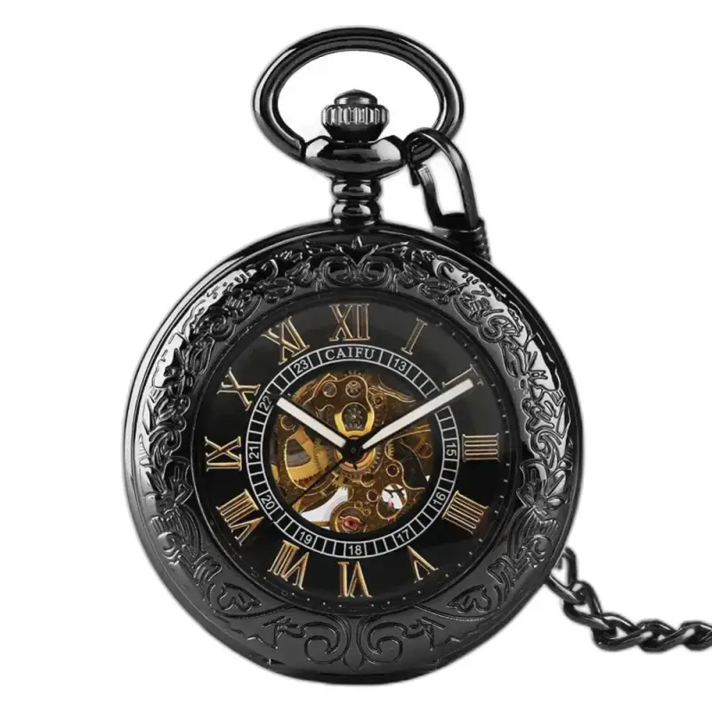 Svart Steampunk Iridium automatisk lommeur i raffinert iridiumlomme