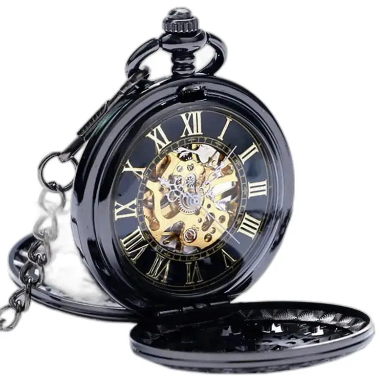 Chic Black Mechanical Pocket Watch, elegant og raffinert svart mekanisk lommeur
