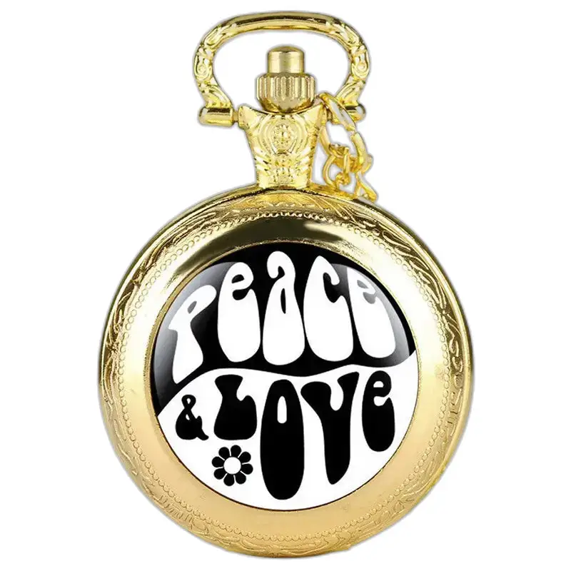 Gull lommeur med Peace & Love design og elegant lang kjede