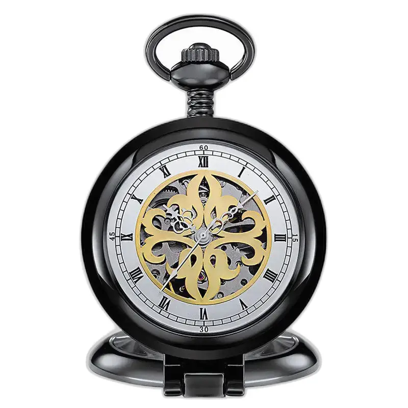 Antik Skeleton Luxury Lommeklokke med svart og gullfinish