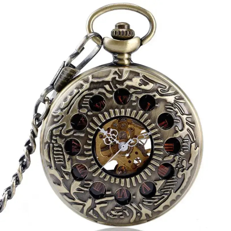 Vintage stil utsmykket bronse lommeur som viser interne mekanismer