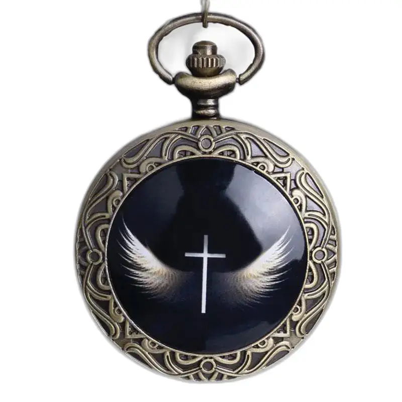 Trendy Angel Wing Halskjedeklokke med vintage halskjedeklokke, kors og vinger