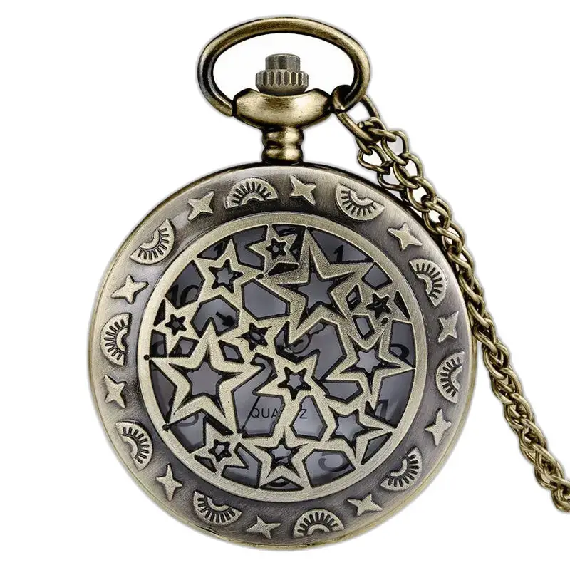 Halskjedeklokke i bronse med stjernemønster og kjede, feminin retrostil