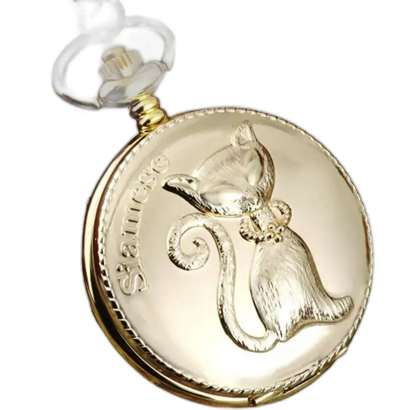 Fancy Gold Chinese Cat Necklace Watch, kattekjedeklokke med elegant kattedesign