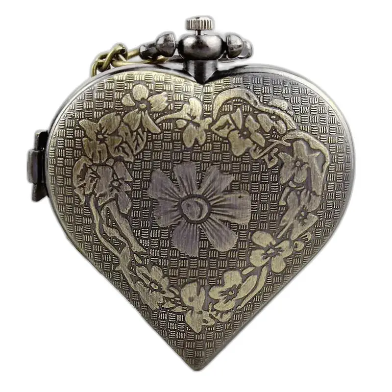 Vintage sølv bronse hjerte halskjede klokke med en blomstret hjerte klokke design