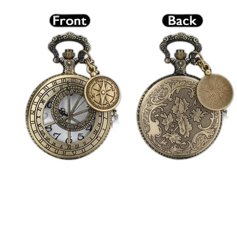 Half Hunter Bronse Quartz Compass Halskjedeklokke med antikk stil, Elegant Halskjedeklokke