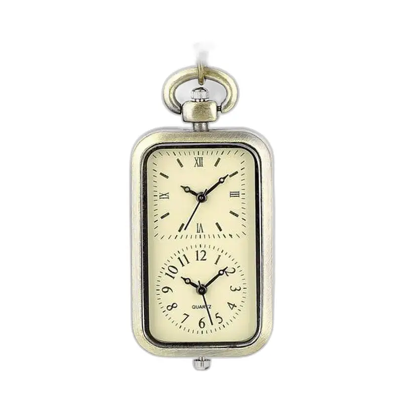 Vintage bronse dobbel halskjede klokke for menn og kvinner med rektangulær urskive