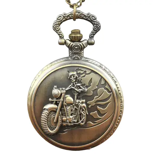 Harley Davidson halskjedeklokke i bronse med skjelettsykkeldesign, analogt display