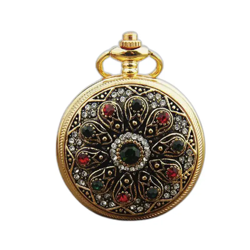 Jeweled Chic Women's Gold Necklace Watch med fargerik jeweled kjedeklokke