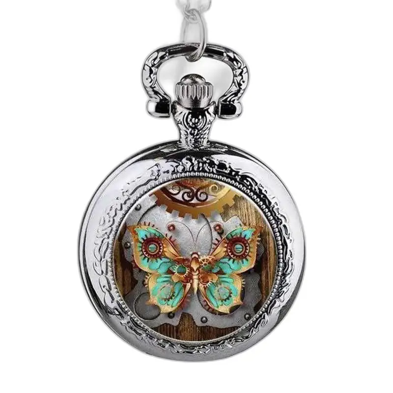 Butterfly Halskjede Klokke Amber og turkis steampunk design med sommerfugl