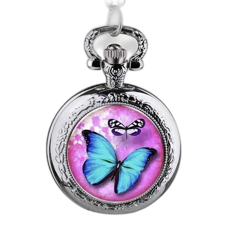 Rosa og blå Butterfly Halskjede Klokke med sølv sommerfugl design