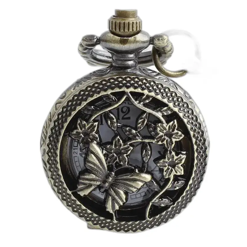 Vintage bronse sommerfuglhalskjedeklokke med utsmykket sommerfugldesign