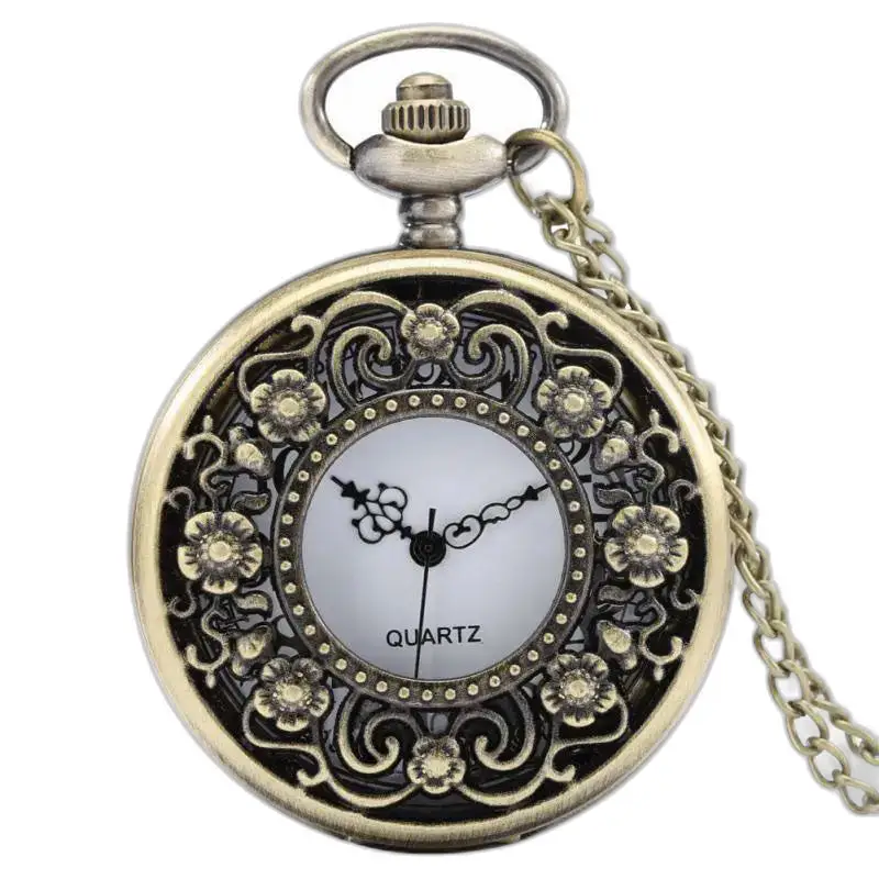 Retro vintage blomsterutsmykket bronsekjedeklokke med elegant kjede