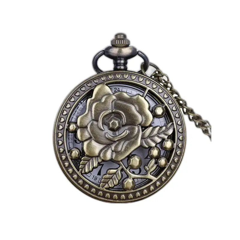 Vintage Rose Flower Bronse Halskjede Klokke med en delikat roseformet urskive