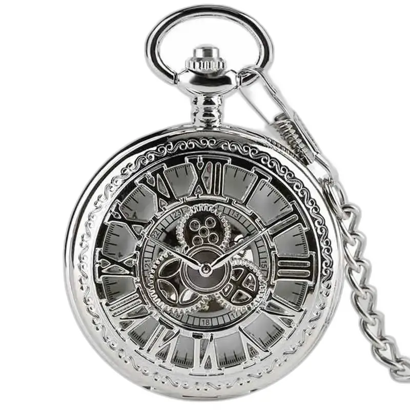 Luksus sølv diamant kile lommeur med kjede, elegant skjelettdesign