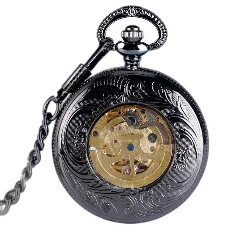 Steampunk Rhodium Gusset lommeur med utsmykket design i svart