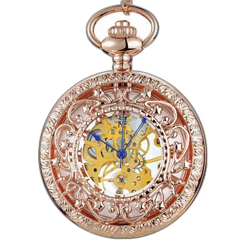 Steampunk luksus håndlaget mekanisk lommeur med klokke i rosa gull