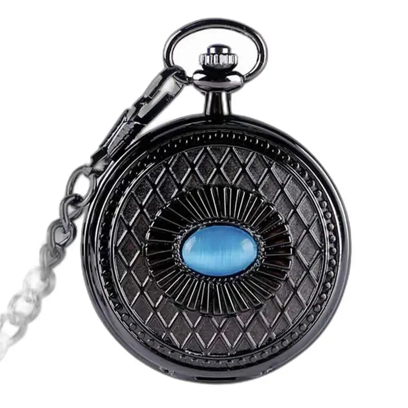 Mekanisk steampunk lommeur med blå safir og elegant svart urkasse