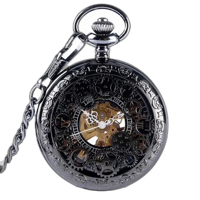Steampunk lommeur med synlig mekanisme og elegant svart kjede