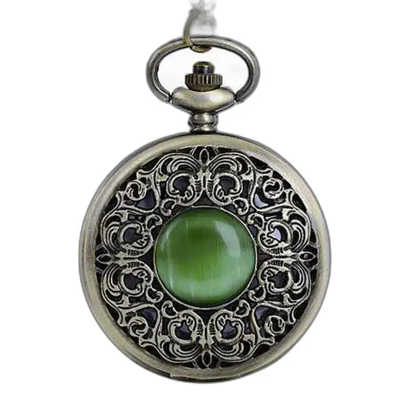 Bronse anhengsklokke med grønn stein med kvartsverk, elegant utsmykket design