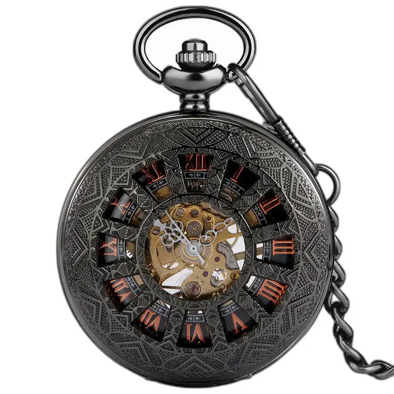 Steampunk Iridium lommeur i gotisk design med en utsmykket svart urskive