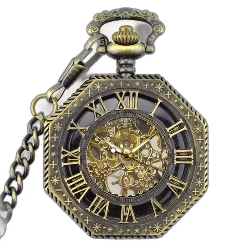 Steampunk herre lommeur i bronse med kjede og skjelettmekanisme