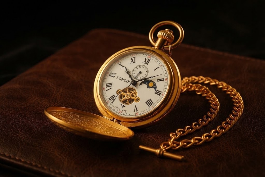 Montre à Gousset Mécanique Demi-chasseur Vintage - Doré, phase de lune et chaîne T