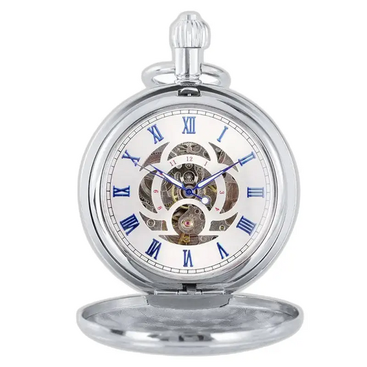 Gravert automatisk lommeur for menn - åpen skjelettskive, blå romertall