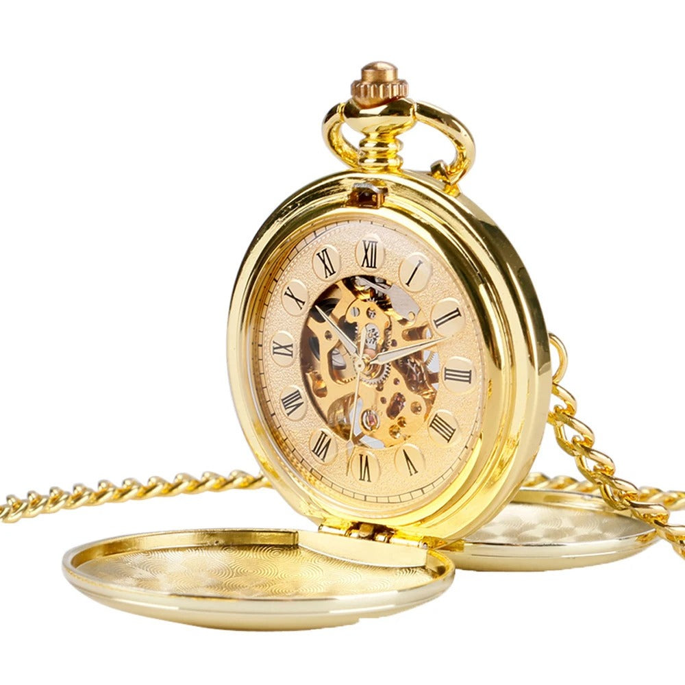 Montre à Gousset Mécanique Chasseur Homme coloris or, cadran squelette à chiffres romains, packshot fond blanc