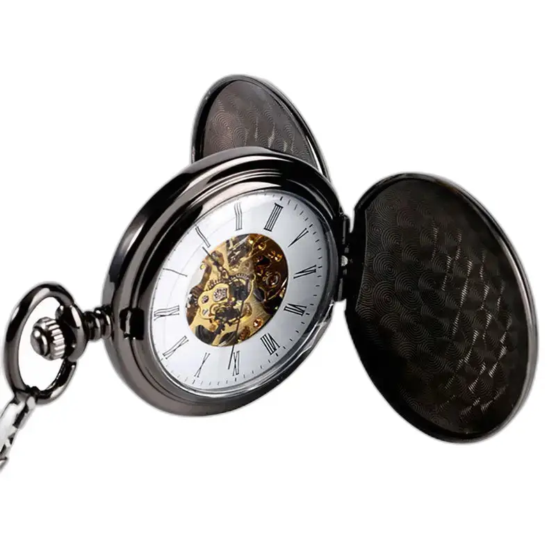 Montre à gousset Mécanique Lisse Noir Luxe avec couvercle ouvert et élégante finition