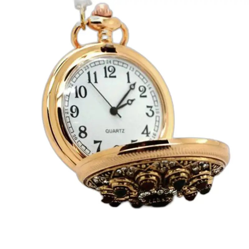 Montre collier en or avec couvercle bijou et pierres précieuses, mécanisme à quartz
