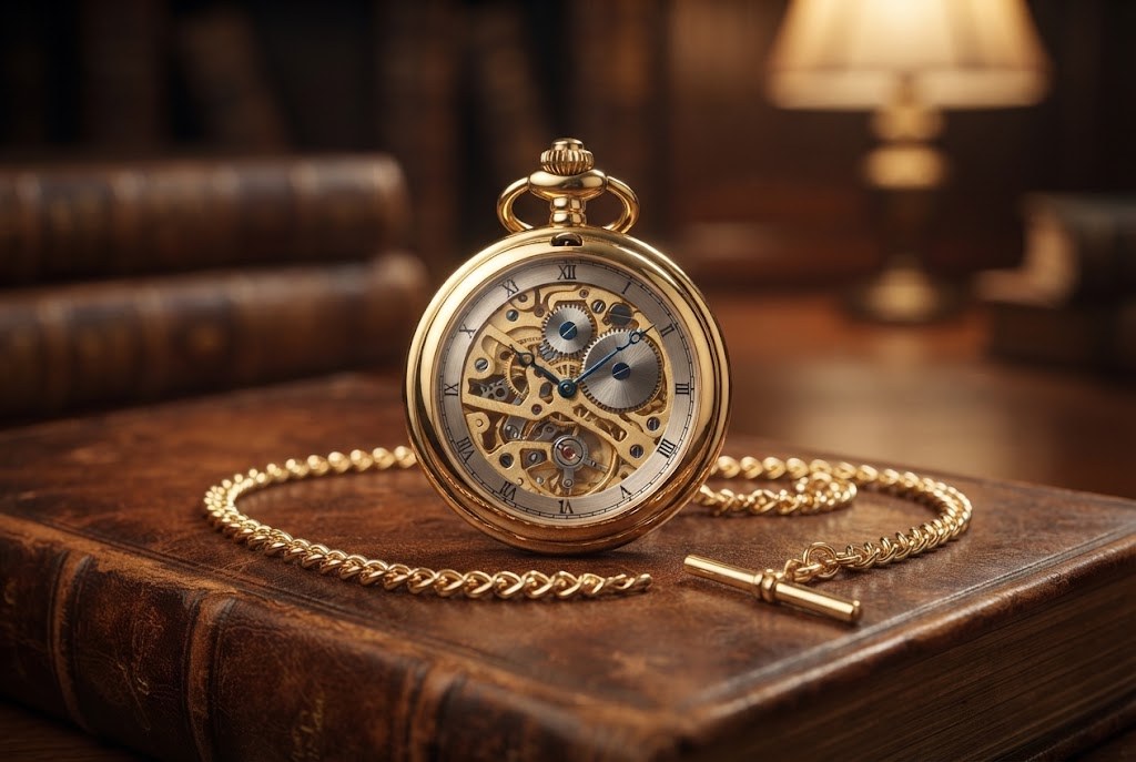 Montre à Gousset Mécanique Squelette Homme - Doré et verre cristallin